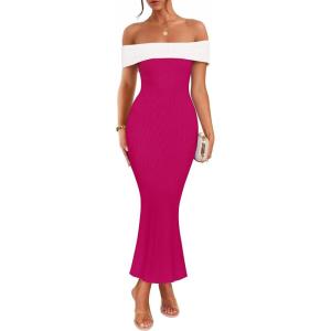 imageZESICA Womens 2025 Summer Off The Shoulder Bodycon Dresses Sleeveless Color Block Knit Cocktail Party Midi DressRose