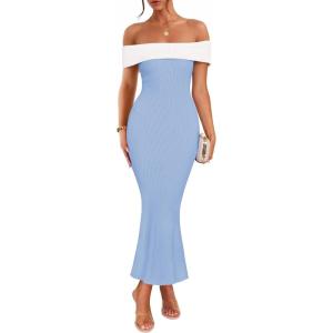 imageZESICA Womens 2025 Summer Off The Shoulder Bodycon Dresses Sleeveless Color Block Knit Cocktail Party Midi DressSky