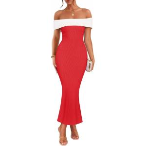 imageZESICA Womens 2025 Summer Off The Shoulder Bodycon Dresses Sleeveless Color Block Knit Cocktail Party Midi DressWatermelon