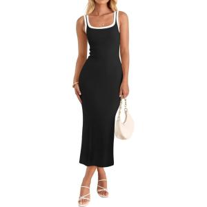imageZESICA Womens Summer Bodycon Midi Dress Casual Sleeveless Square Neck Side Slit Knit Vacation Long DressesBlack