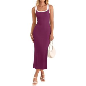 imageZESICA Womens Summer Bodycon Midi Dress Casual Sleeveless Square Neck Side Slit Knit Vacation Long DressesFuchsia