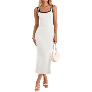 imageZESICA Womens Summer Bodycon Midi Dress Casual Sleeveless Square Neck Side Slit Knit Vacation Long DressesWhite