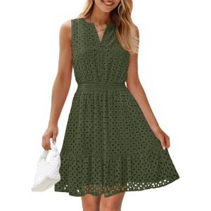 imageZESICA Womens Summer Sleeveless Mini Dress V Neck Hollow Out Eyelet High Waist A Line Swing Short Party DressesArmygreen