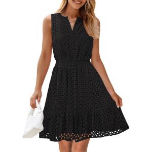 imageZESICA Womens Summer Sleeveless Mini Dress V Neck Hollow Out Eyelet High Waist A Line Swing Short Party DressesBlack