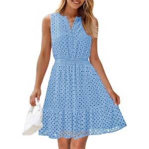imageZESICA Womens Summer Sleeveless Mini Dress V Neck Hollow Out Eyelet High Waist A Line Swing Short Party DressesLightblue