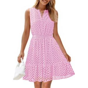 imageZESICA Womens Summer Sleeveless Mini Dress V Neck Hollow Out Eyelet High Waist A Line Swing Short Party DressesPink