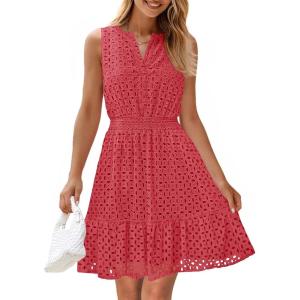 imageZESICA Womens Summer Sleeveless Mini Dress V Neck Hollow Out Eyelet High Waist A Line Swing Short Party DressesWatermelon