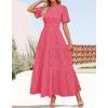 imageZESICA Womens 2025 Summer Short Sleeve Maxi Dress Casual V Neck Hollow Out Eyelet Ruffle Swing A Line Long DressesHot Pink