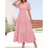 imageZESICA Womens 2025 Summer Short Sleeve Maxi Dress Casual V Neck Hollow Out Eyelet Ruffle Swing A Line Long DressesPink