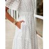 imageZESICA Womens 2025 Summer Short Sleeve Maxi Dress Casual V Neck Hollow Out Eyelet Ruffle Swing A Line Long DressesWhite