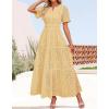 imageZESICA Womens 2025 Summer Short Sleeve Maxi Dress Casual V Neck Hollow Out Eyelet Ruffle Swing A Line Long DressesYellow