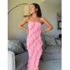 imageZESICA Womens Strapless Bodycon Dress Sexy Off Shoulder Mesh Ruffle Asymmetrical Slit Party Tube Maxi DressesPink