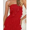imageZESICA Womens Strapless Bodycon Dress Sexy Off Shoulder Mesh Ruffle Asymmetrical Slit Party Tube Maxi DressesRed