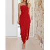 imageZESICA Womens Strapless Bodycon Dress Sexy Off Shoulder Mesh Ruffle Asymmetrical Slit Party Tube Maxi DressesRed