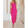 imageZESICA Womens Strapless Bodycon Dress Sexy Off Shoulder Mesh Ruffle Asymmetrical Slit Party Tube Maxi DressesRose