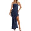 imageZESICA Womens Strapless Bodycon Dress Sexy Off Shoulder Mesh Ruffle Asymmetrical Slit Party Tube Maxi DressesNavy