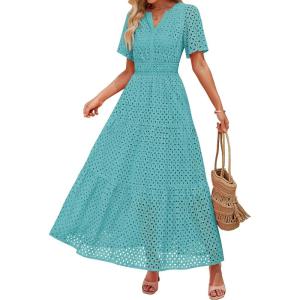 imageZESICA Womens 2025 Summer Short Sleeve Maxi Dress Casual V Neck Hollow Out Eyelet Ruffle Swing A Line Long DressesAqua