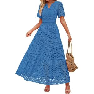 imageZESICA Womens 2025 Summer Short Sleeve Maxi Dress Casual V Neck Hollow Out Eyelet Ruffle Swing A Line Long DressesCobalt