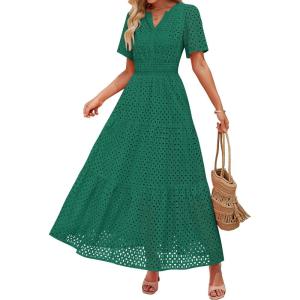 imageZESICA Womens 2025 Summer Short Sleeve Maxi Dress Casual V Neck Hollow Out Eyelet Ruffle Swing A Line Long DressesGreen