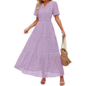 imageZESICA Womens 2025 Summer Short Sleeve Maxi Dress Casual V Neck Hollow Out Eyelet Ruffle Swing A Line Long DressesLight Purple
