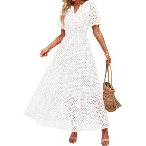 imageZESICA Womens 2025 Summer Short Sleeve Maxi Dress Casual V Neck Hollow Out Eyelet Ruffle Swing A Line Long DressesWhite