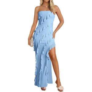 imageZESICA Womens Strapless Bodycon Dress Sexy Off Shoulder Mesh Ruffle Asymmetrical Slit Party Tube Maxi DressesBlue
