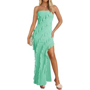 imageZESICA Womens Strapless Bodycon Dress Sexy Off Shoulder Mesh Ruffle Asymmetrical Slit Party Tube Maxi DressesMint