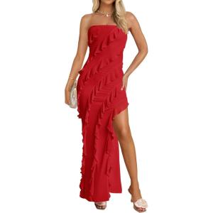 imageZESICA Womens Strapless Bodycon Dress Sexy Off Shoulder Mesh Ruffle Asymmetrical Slit Party Tube Maxi DressesRed