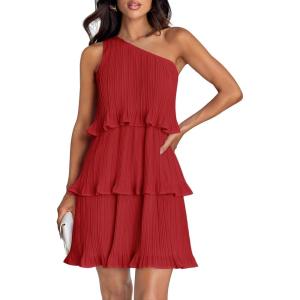 imageZESICA Womens Summer Sleeveless Mini Dress Boho One Shoulder Ruffle Tiered Layered Chiffon Flowy A Line DressesRed