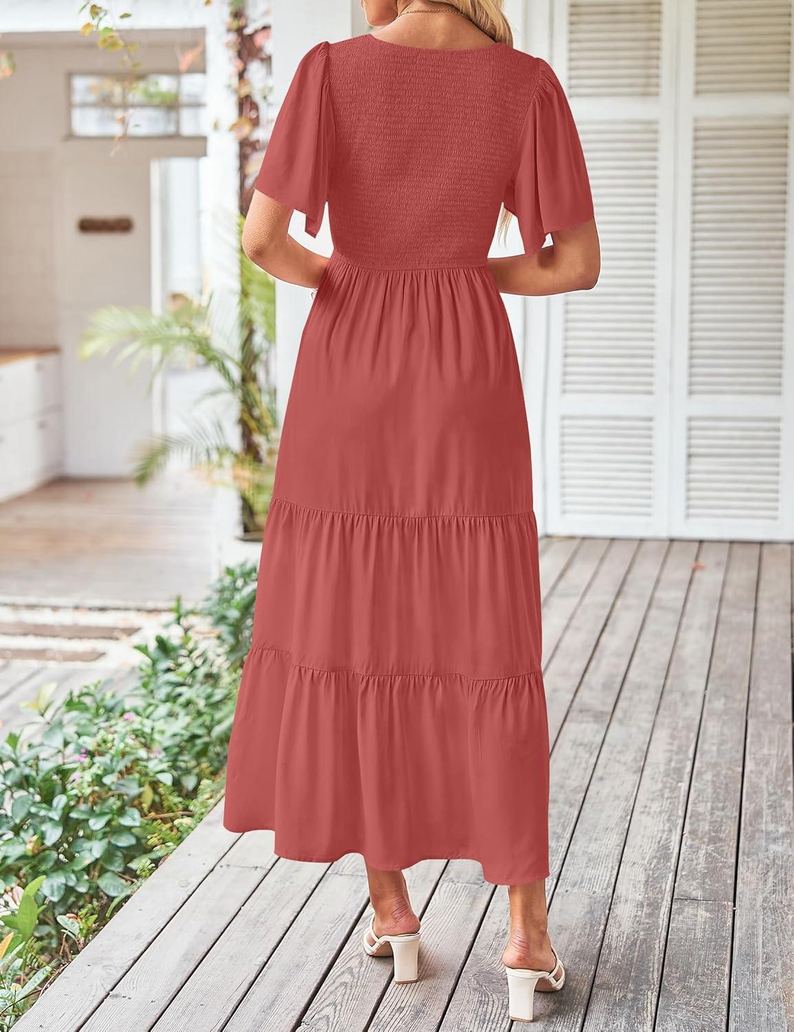 imageZESICA Womens Summer Casual Flutter Short Sleeve Crew Neck Solid Color Smocked Tiered A Line Flowy Beach Midi DressCoral