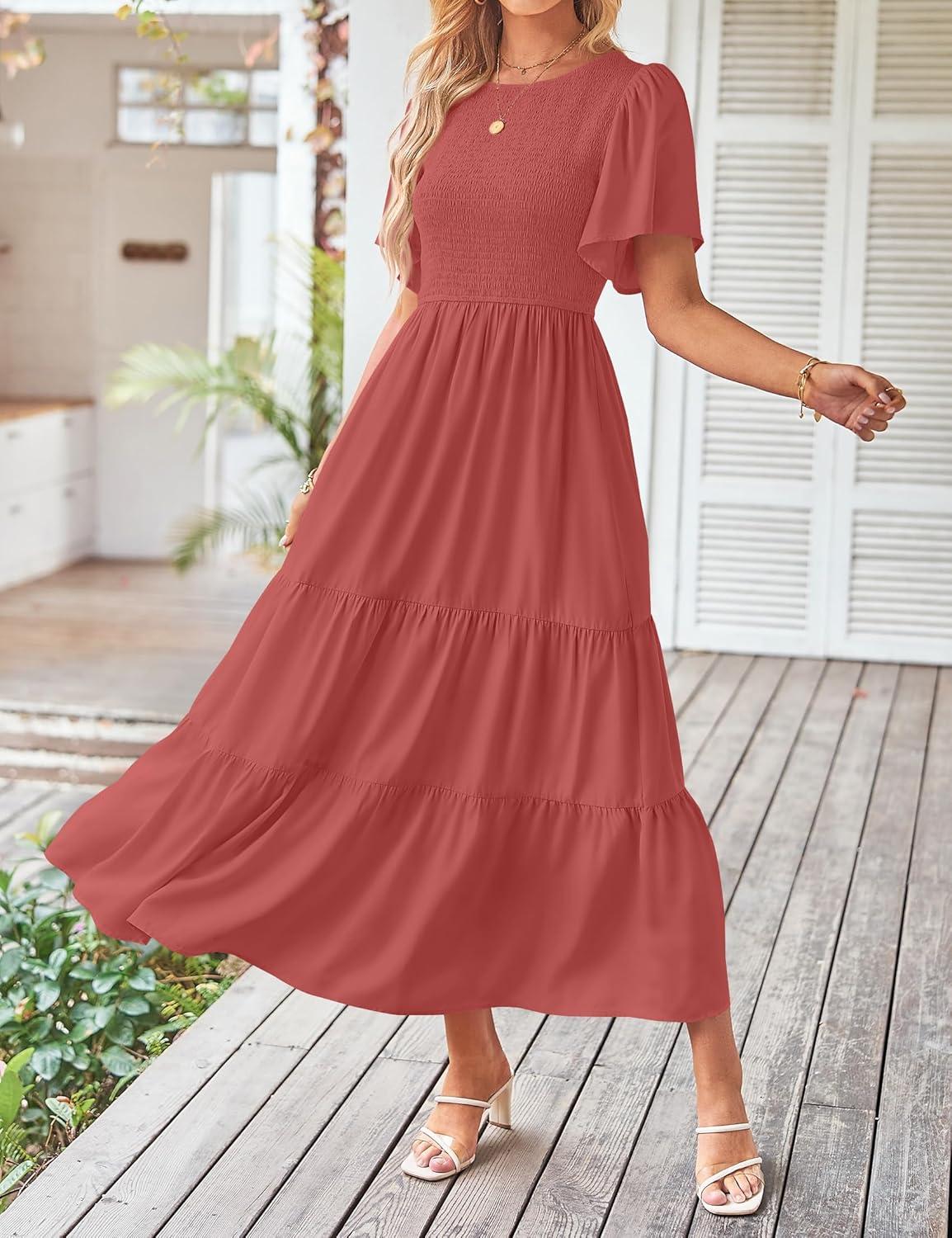 imageZESICA Womens Summer Casual Flutter Short Sleeve Crew Neck Solid Color Smocked Tiered A Line Flowy Beach Midi DressCoral