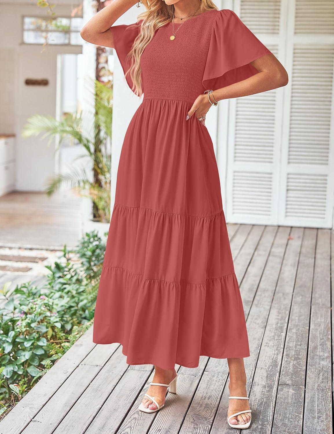 imageZESICA Womens Summer Casual Flutter Short Sleeve Crew Neck Solid Color Smocked Tiered A Line Flowy Beach Midi DressCoral