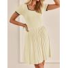 imageZESICA Womens Ribbed Square Neck Color Block Pleated Mini Dress Short Sleeve A Line Knit Short DressesAlmond
