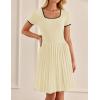 imageZESICA Womens Ribbed Square Neck Color Block Pleated Mini Dress Short Sleeve A Line Knit Short DressesAlmond