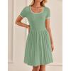 imageZESICA Womens Ribbed Square Neck Color Block Pleated Mini Dress Short Sleeve A Line Knit Short DressesLight Green