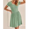 imageZESICA Womens Ribbed Square Neck Color Block Pleated Mini Dress Short Sleeve A Line Knit Short DressesLight Green