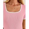 imageZESICA Womens Ribbed Square Neck Color Block Pleated Mini Dress Short Sleeve A Line Knit Short DressesPink