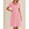imageZESICA Womens Ribbed Square Neck Color Block Pleated Mini Dress Short Sleeve A Line Knit Short DressesPink