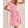 imageZESICA Womens Ribbed Square Neck Color Block Pleated Mini Dress Short Sleeve A Line Knit Short DressesPink