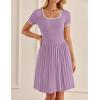 imageZESICA Womens Ribbed Square Neck Color Block Pleated Mini Dress Short Sleeve A Line Knit Short DressesPurple
