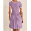 imageZESICA Womens Ribbed Square Neck Color Block Pleated Mini Dress Short Sleeve A Line Knit Short DressesPurple