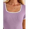 imageZESICA Womens Ribbed Square Neck Color Block Pleated Mini Dress Short Sleeve A Line Knit Short DressesPurple