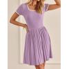 imageZESICA Womens Ribbed Square Neck Color Block Pleated Mini Dress Short Sleeve A Line Knit Short DressesPurple