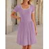imageZESICA Womens Ribbed Square Neck Color Block Pleated Mini Dress Short Sleeve A Line Knit Short DressesPurple