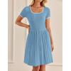 imageZESICA Womens Ribbed Square Neck Color Block Pleated Mini Dress Short Sleeve A Line Knit Short DressesSky Blue