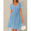 imageZESICA Womens Ribbed Square Neck Color Block Pleated Mini Dress Short Sleeve A Line Knit Short DressesSky Blue