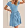 imageZESICA Womens Ribbed Square Neck Color Block Pleated Mini Dress Short Sleeve A Line Knit Short DressesSky Blue