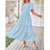 imageZESICA Womens Summer Casual Flutter Short Sleeve Crew Neck Solid Color Smocked Tiered A Line Flowy Beach Midi DressBlue