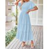 imageZESICA Womens Summer Casual Flutter Short Sleeve Crew Neck Solid Color Smocked Tiered A Line Flowy Beach Midi DressBlue