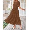 imageZESICA Womens Summer Casual Flutter Short Sleeve Crew Neck Solid Color Smocked Tiered A Line Flowy Beach Midi DressBrown